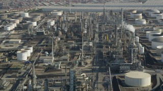 AX68_175 - 4.8K stock footage aerial video of Los Angeles Refinery Wilmington Plant structures in San Pedro, California