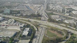 AX68_182 - 4.8K aerial stock footage approach heavy traffic on the I-110 and 405 Interchange in Torrance, California