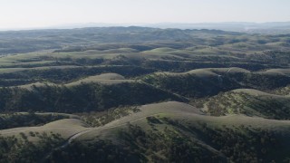 AX70_177 - 4K aerial stock footage Green hills with trees and dirt roads in San Benito County, California