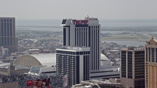 AX71_197 - 5.1K aerial stock footage of Trump Plaza Hotel and Casino in Atlantic City, New Jersey