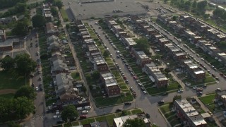 AX73_058 - 5.1K aerial stock footage of a neighborhood with row houses in Baltimore, Maryland