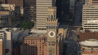 AX73_117 - 5.1K stock footage aerial video tilting from Emerson Tower in to reveal Transamerica Tower in Downtown Baltimore, Maryland