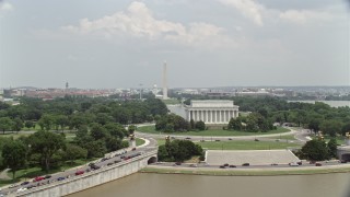 AX74_075 - 4.8K aerial stock footage of the Lincoln Memorial and Washington Monument in Washington DC