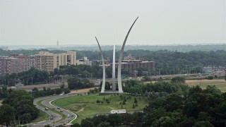 AX74_115 - 4.8K aerial stock footage approaching United States Air Force Memorial at Arlington National Cemetery, Washington DC