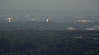 AX76_024 - 4.8K stock footage aerial video of United States Air Force Memorial, Arlington National Cemetery, Alexandria, Virginia, Sunset