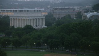 AX76_151 - 4.8K aerial stock footage of the Lincoln Memorial at the National Mall, Washington, D.C., twilight
