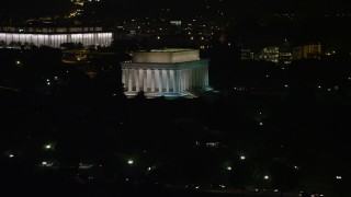 AX77_041 - 4.8K stock footage aerial video of The Lincoln Memorial at the National Mall, Washington, D.C., night