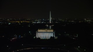 AX77_051 - 4.8K aerial stock footage of Lincoln Memorial, Washington Monument, and the United States Capitol, Washington, D.C., night 