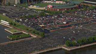 AX79_002 - 4.8K aerial stock footage of tailgating at Campbell's Field, Camden New Jersey