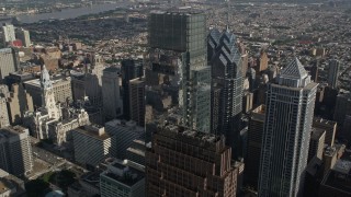 AX79_011E - 4.8K aerial stock footage of tall Downtown Philadelphia skyscrapers, Pennsylvania