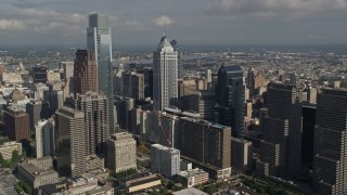 AX79_018 - 4.8K aerial stock footage Downtown Philadephia skyscrapers, Pennsylvania