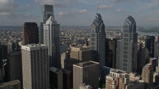 AX79_020 - 4.8K aerial stock footage flying by Downtown Philadelphia's tallest towers, Pennsylvania
