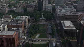 AX79_043E - 4.8K aerial stock footage approach Independence Hall at the end of Independence Mall, Downtown Philadelphia, Pennsylvania