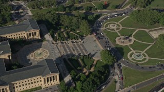 AX79_052 - 4.8K aerial stock footage orbiting Philadelphia Museum of Art and Washington Monument Fountain in Pennsylvania