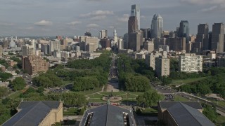 AX79_068E - 4.8K stock footage aerial video flying over Philadelphia Museum of Art to approach City Hall, Downtown Philadelphia, Pennsylvania