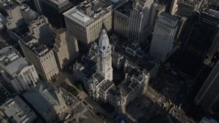 AX79_072 - 4.8K aerial stock footage tilting to a bird's eye view of Philadelphia City Hall, Pennsylvania