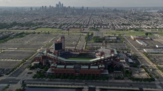 AX79_082E - 4.8K aerial stock footage approaching I-95, Lincoln Financial Field, Citizens Bank Park in Philadelphia, Pennsylvania