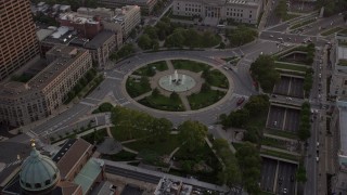 AX80_119 - 4.8K aerial stock footage approaching Logan Square in Downtown Philadelphia, Pennsylvania, Sunset