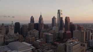 AX80_144 - 4.8K aerial stock footage of Downtown Philadelphia's tallest towers at twilight, Pennsylvania
