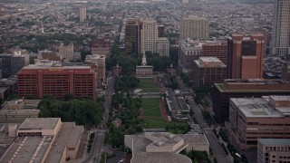 AX80_153 - 4.8K aerial stock footage of Independence Hall and Mall, Downtown Philadelphia, Pennsylvania, Sunset