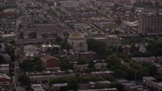 AX80_154 - 4.8K aerial stock footage of Ukranian Cathedral Church in an urban neighborhood, North Philadelphia, Pennsylvania Sunset