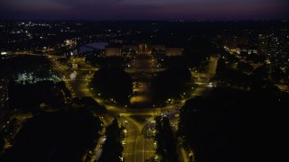 AX81_023E - 4.8K aerial stock footage following Benjamin Franklin Parkway to Philadelphia Museum of Art, Pennsylvania, Night