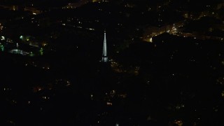 AX81_059 - 4.8K aerial stock footage of the steeple atop St. Peter's Episcopal Church, Philadelphia, Pennsylvania, Night