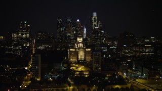 AX81_090E - 4.8K stock footage aerial video of the Downtown Philadelphia skyline, reveal Customs House and historic ship, Pennsylvania, Night