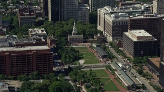 AX82_007 - 4.8K stock footage aerial video of Independence Hall at the end of Independence Mall in Philadelphia, Pennsylvania