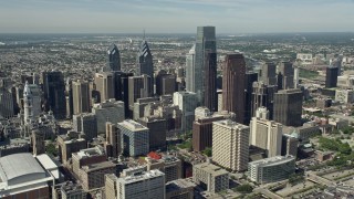 AX82_008E - 4.8K aerial stock footage of tall downtown skyscrapers in Philadelphia, Pennsylvania