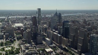 AX82_011 - 4.8K aerial stock footage flying by Downtown Philadelphia high-rises and skyscrapers, Pennsylvania