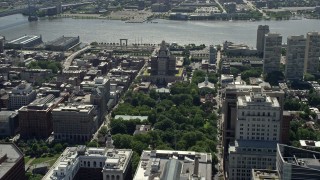 AX82_014E - 4.8K aerial stock footage of the St James near Independence National Historic Park and Customs House, Downtown Philadelphia, Pennsylvania