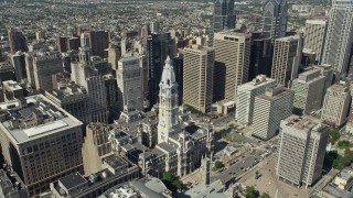 AX82_016 - 4.8K aerial stock footage of Philadelphia City Hall in Downtown Philadelphia, Pennsylvania