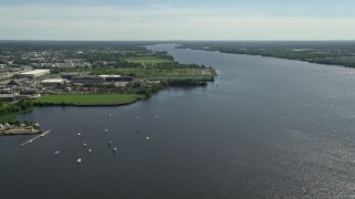 AX82_034 - 4.8K aerial stock footage of boats in the Delaware River, Philadelphia, Pennsylvania
