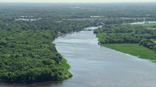 AX82_038 - 4.8K aerial stock footage of Riverside-Delanco Bridge spanning Rancocas Creek in Delanco, New Jersey