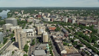 AX82_061E - 4.8K aerial stock footage of Richard J. Hughes Justice Complex, office buildings, and Sacred Heart Church in Trenton, New Jersey