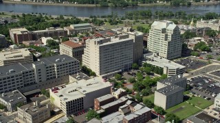 AX82_064 - 4.8K aerial stock footage of Mary G. Roebling Building and One State Street Square, Trenton, New Jersey