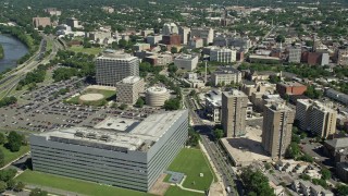 AX82_070E - 4.8K aerial stock footage of Richard J. Hughes Justice Complex and government buildings, Trenton, New Jersey