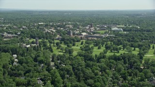 AX82_090 - 4.8K aerial stock footage approaching Princeton University buildings, New Jersey