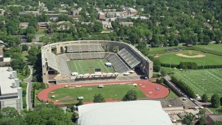 AX82_093 - 4.8K aerial stock footage of Princeton University Stadium and Weaver Stadium, New Jersey
