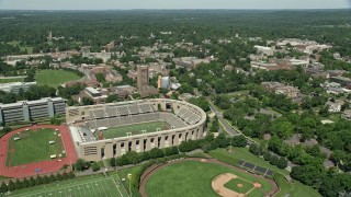AX82_094 - 4.8K aerial stock footage of Weaver Stadium, Princeton University Stadium, and campus buildings, New Jersey