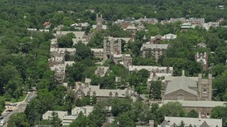 AX83_021E - 4.8K aerial stock footage of campus buildings, Mathey College and Blair Arch at Princeton University, New Jersey