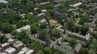 AX83_025E - 4.8K aerial stock footage of campus halls, Mathey College, and Rockefeller College at Princeton University, New Jersey