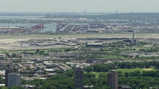 AX83_076 - 4.8K aerial stock footage of Newark Liberty International Airport and Port Newark, New Jersey
