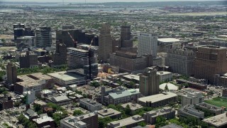 AX83_080E - 4.8K aerial stock footage of Downtown Newark skyscrapers and high-rise buildings, New Jersey