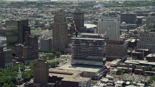 AX83_082 - 4.8K aerial stock footage of Downtown skyscrapers and high-rises, Prudential Tower under construction, Newark, New Jersey