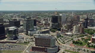 AX83_083E - 4.8K aerial stock footage of Downtown Newark high-rises and the New Jersey Performing Arts Center