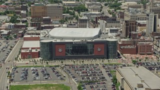 AX83_086 - 4.8K stock footage aerial video of Prudential Center arena in Downtown Newark, New Jeresy