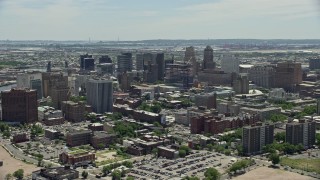 AX83_096 - 4.8K aerial stock footage flying by high-rises in Downtown Newark, New Jersey
