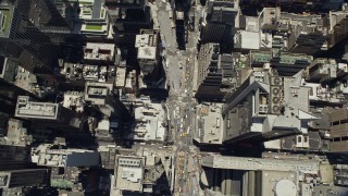 AX83_143E - 4.8K aerial stock footage of a bird's eye view of Times Square in Midtown Manhattan, New York City